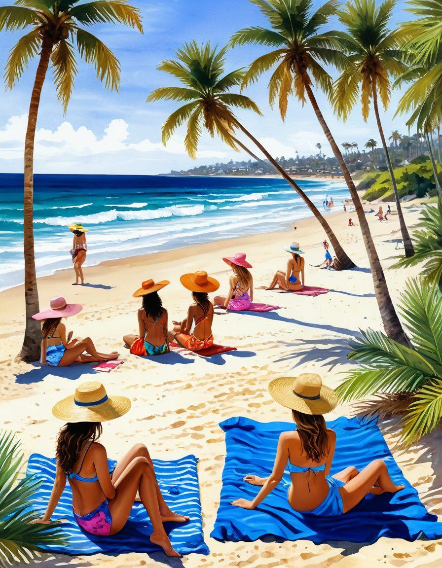 A vibrant beach scene showcasing a diverse group of stylish individuals in trendy coastal fashion, surrounded by crashing waves and sandy walkways. Incorporate elements like oversized sun hats, colorful swimwear, and beach cover-ups, with a backdrop of palm trees and a clear blue sky. Emphasize a summery lifestyle vibe and joyful interactions among friends. watercolor style. bright colors. dynamic composition.